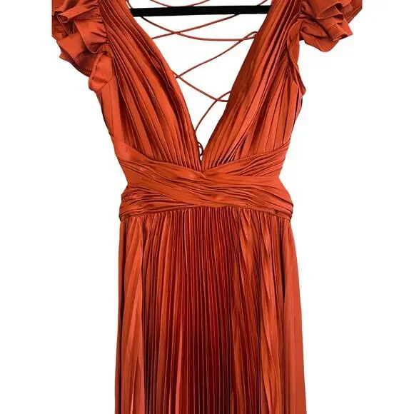 Ieena for Mac Duggal 26729 Satin Pleated Plunge Neck Lace Up Back Gown Size 2 - Picture 4 of 9